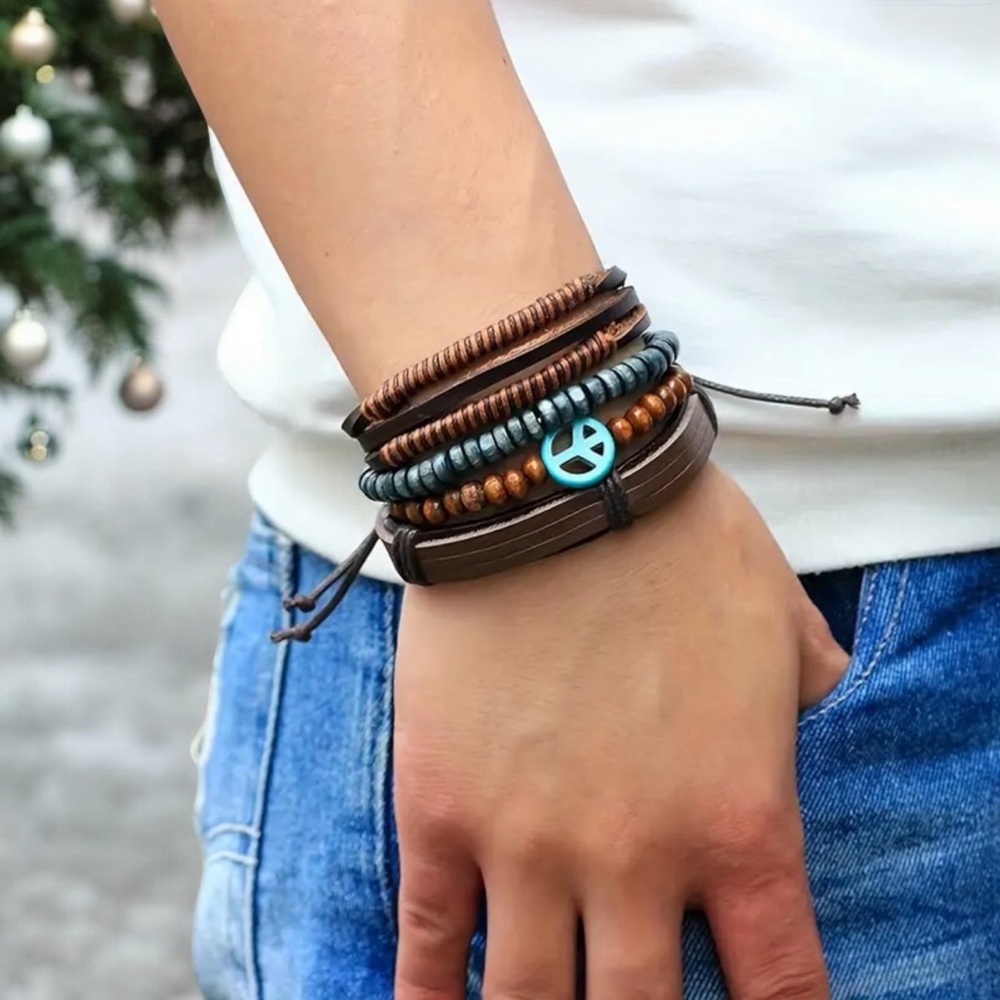 4pc Multi-layer Cool Bracelet, Unisex Wooden Beads PU Leather‎ Braided Bracelet